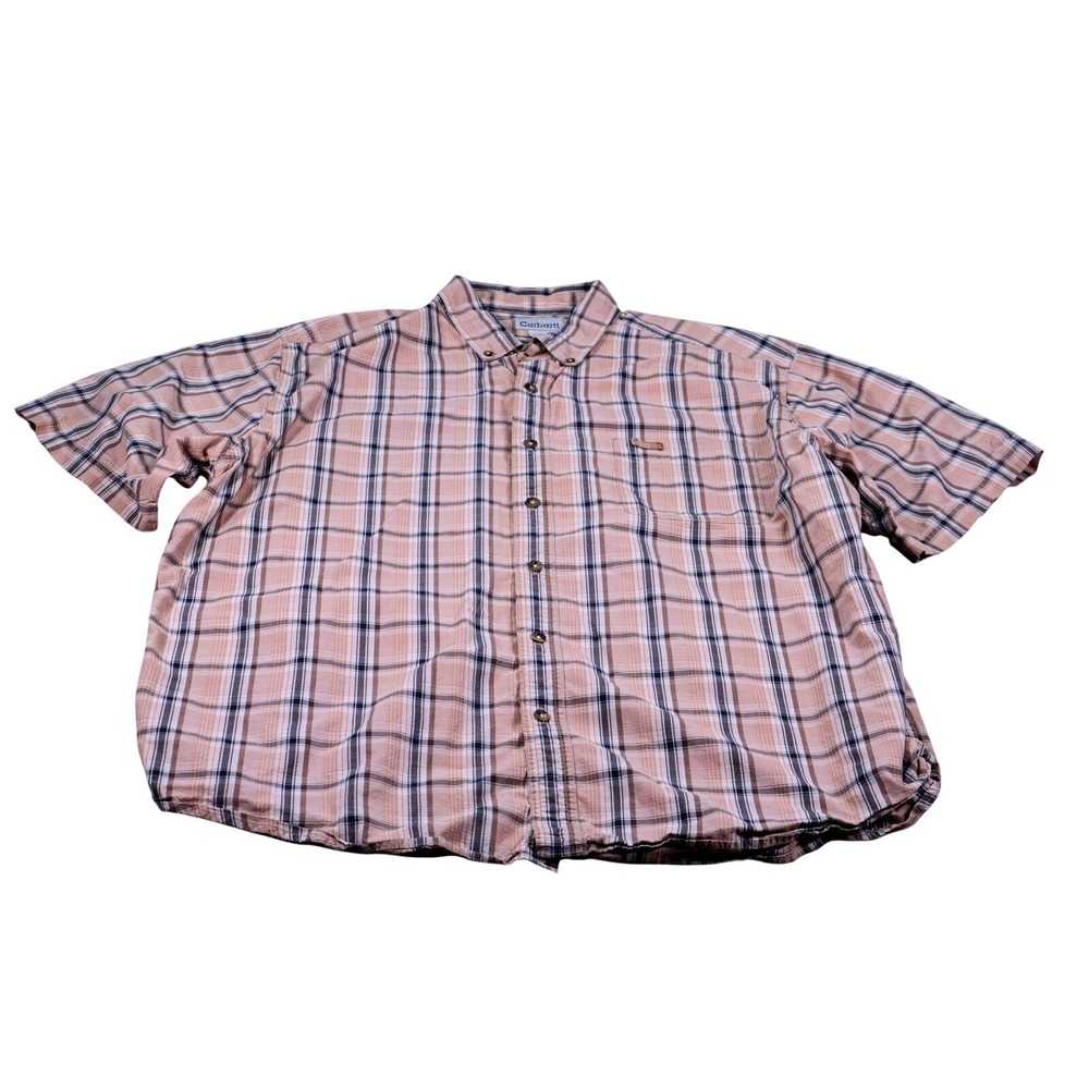 Carhartt Shirt Mens 2XL Beige Plaid Button Up Short Sleeve Relaxed Cotton